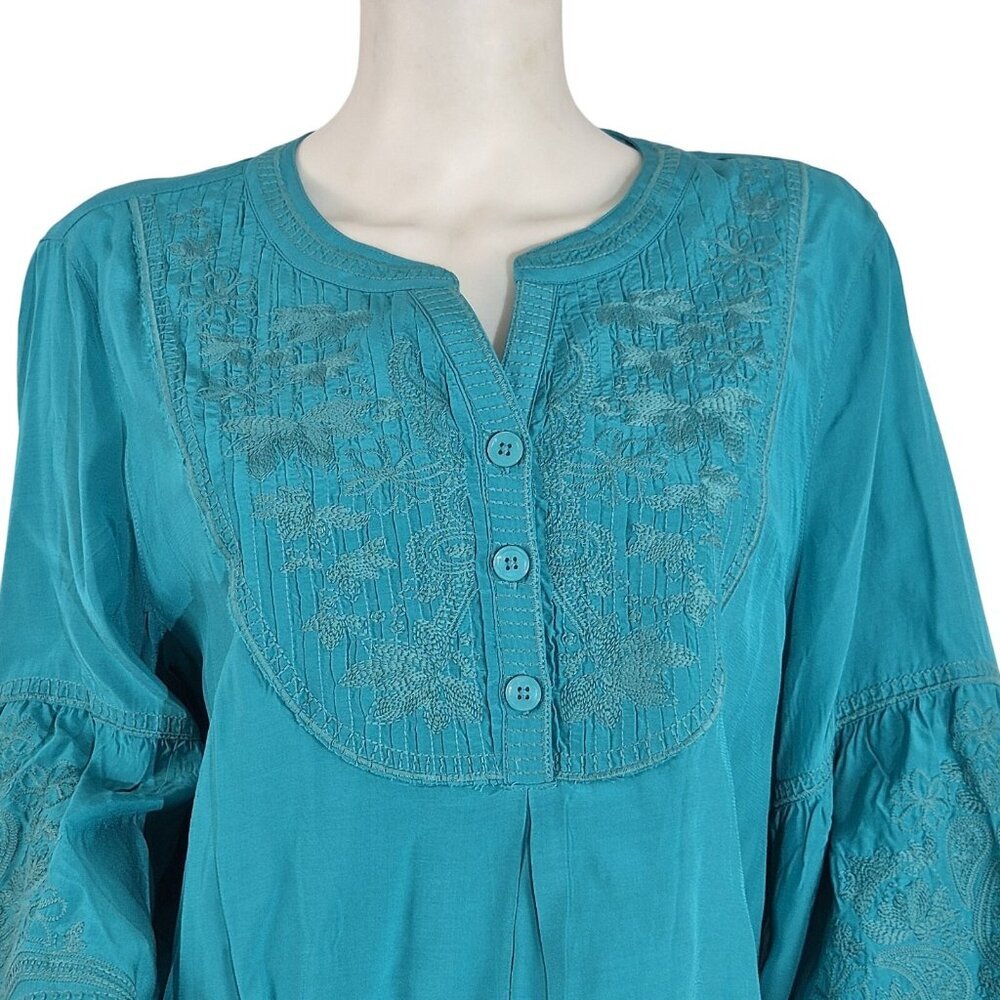John Mark Women's Size PXL Green Floral Embroidered Tunic Bell Sleeve (27)
